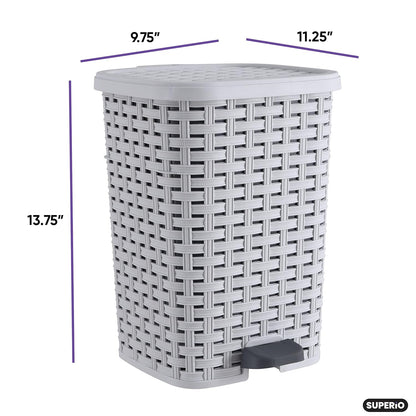 Superio Small Outdoor Trash Can with Lid for Dog Poop 3 Gallon/12 L Mini Plastic Garbage Can with Foot Pedal for Bathroom, Bedroom, Office, Patio, Wicker Smoke