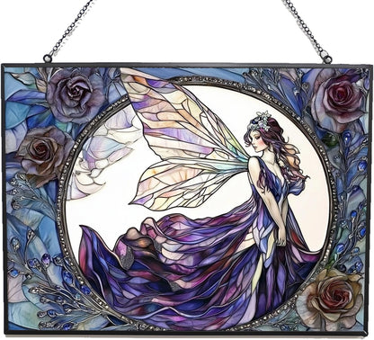 Customized Rectangle Fairy Stained Glass Suncatcher Window Hanging, Gothic Christmas Ornaments for Fiction Lovers, Dinosaur Room Decor for Nursery New Home Gifts