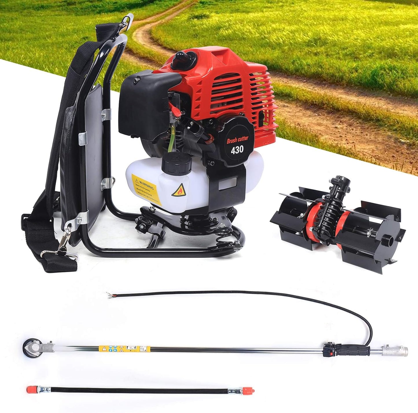 3 in 1 Backpack Brush Cutter Tiller, 43cc 2 Stroke Gas Powered Grass Hedge Trimmer Air-Cooled Single Cylinder Cultivator Lawn Mower for Farmland Weeding, Harvesting, Clearing (Head 1E40F-5)
