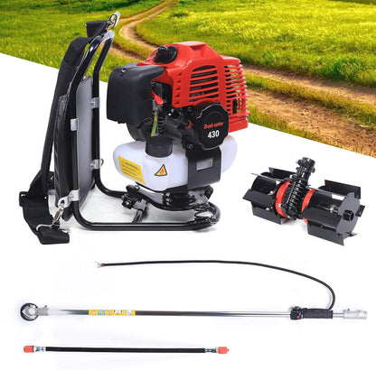 3 in 1 Backpack Brush Cutter Tiller, 43cc 2 Stroke Gas Powered Grass Hedge Trimmer Air-Cooled Single Cylinder Cultivator Lawn Mower for Farmland Weeding, Harvesting, Clearing (Head 1E40F-5)