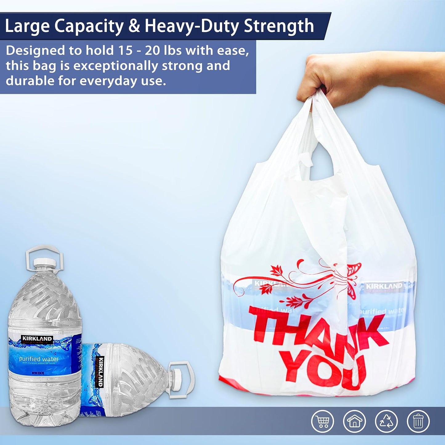 4 Gallon Small Trash Bags with Handles –1000Count 11" x 21" Plastic Garbage Bags for Home, Kitchen, Office, Bathroom – Thank You T-Shirt Style Bags for Small Business, Takeout, Grocery Use