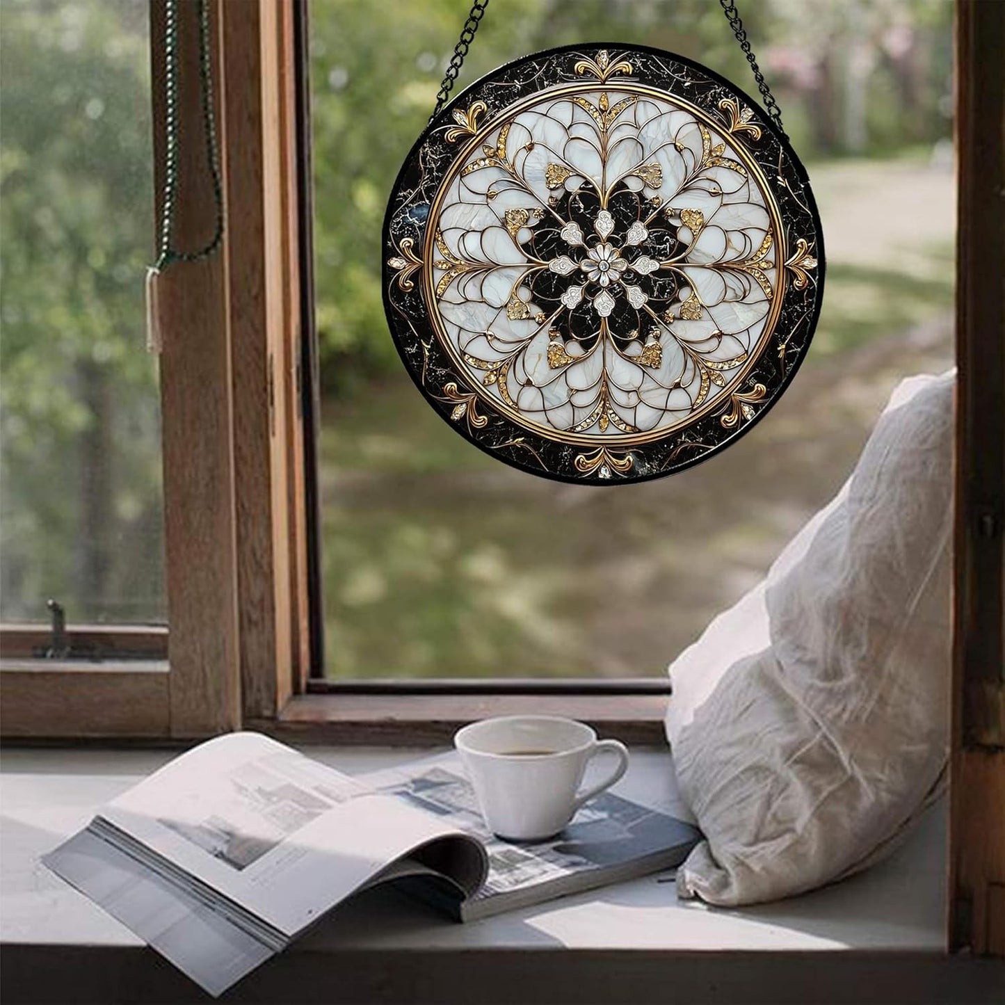 Stained Glass Window Hanging, Black and White Gold Boho Pattern Suncatcher for Doors Window Home Abstract Flower Sun Catchers Decor Mother's Day Birthday Gifts for Women, Men Mom 11.8 in
