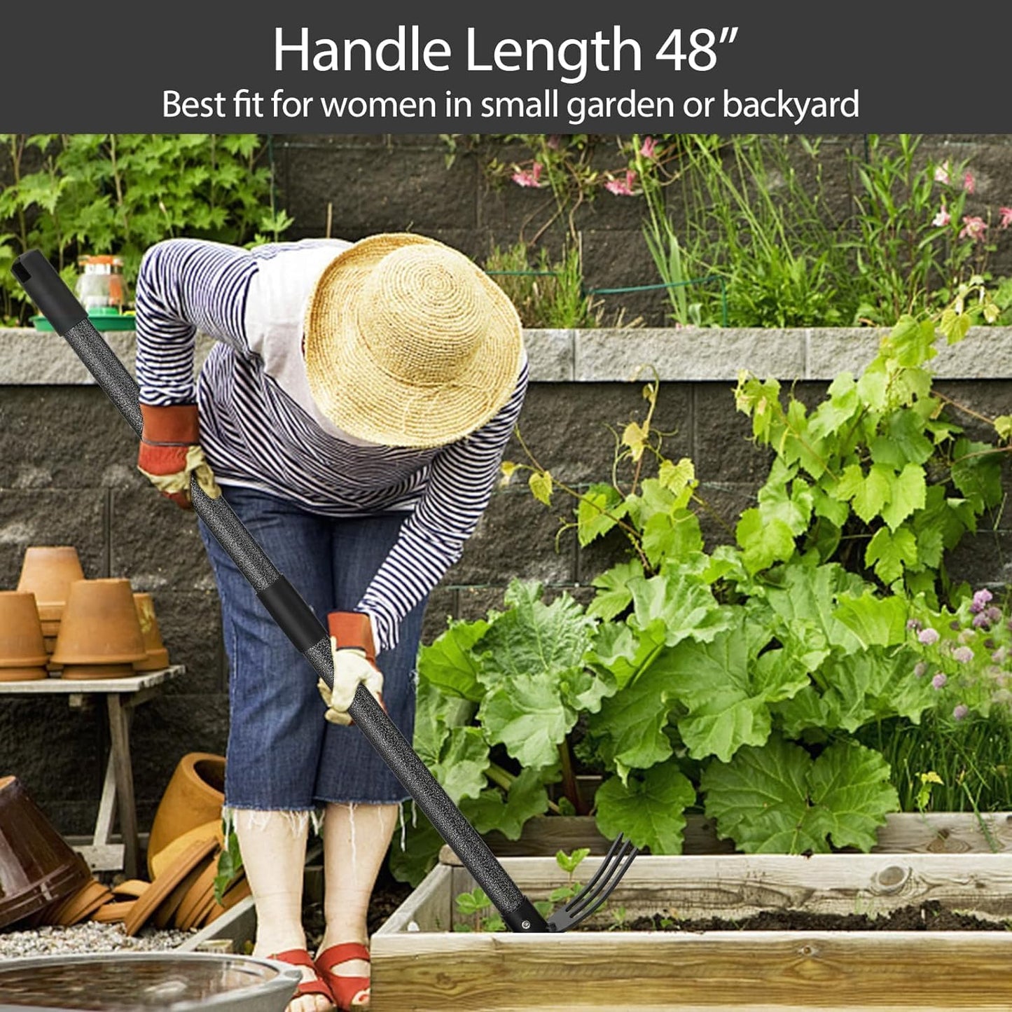 Hoe and Cultivator Gardening Hand Tools, Heavy Duty Stainless Steel Garden Hoe and 3 Fork Hand Tiller for Gardening Weeding Planting with Adjustable Handle 30-45 inch