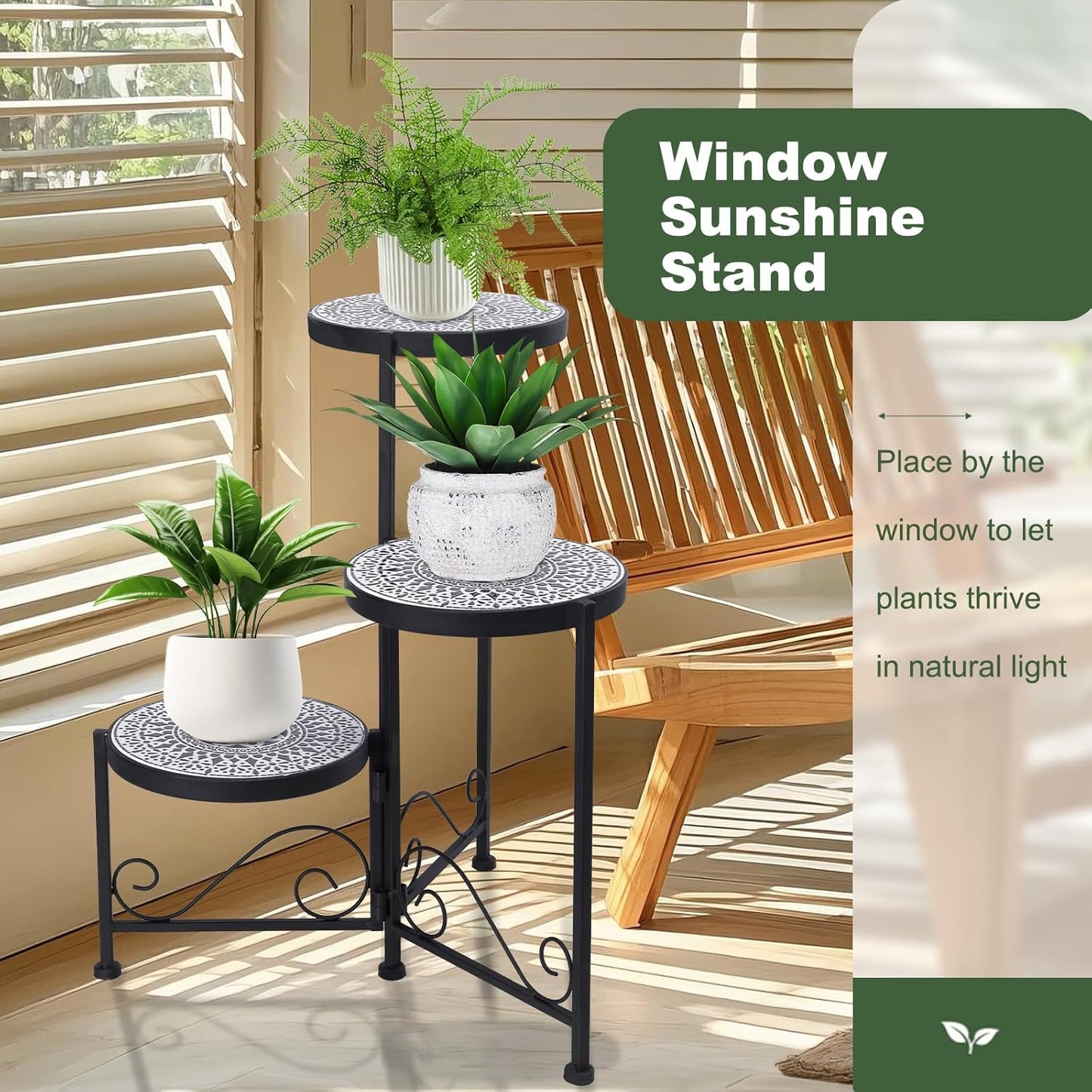 3 Tier Mosaic Plant Stand Foldable Corner Shelf for Indoor Outdoor Tall Plant Holder Display Rack for Patio Balcony Living Room Garden Decor