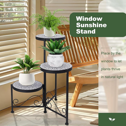 3 Tier Mosaic Plant Stand Foldable Corner Shelf for Indoor Outdoor Tall Plant Holder Display Rack for Patio Balcony Living Room Garden Decor
