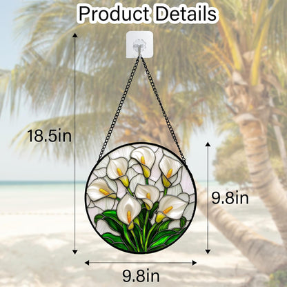 Stained Glass Window Hanging, White Calla Lily Suncatcher Diamond Glass Panel Hangings Flowers Sun Catchers Decor for Birthday for Women, Men, Wife, Aunt, and Mom 7.8 in