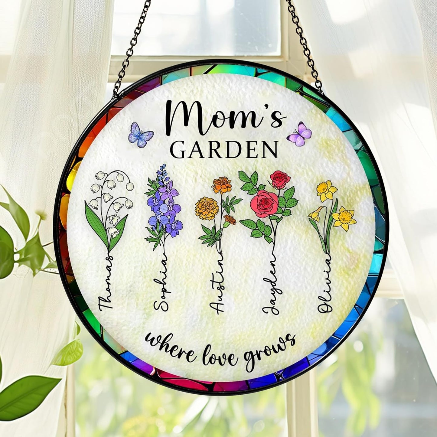 NAZENTI Personalized Mimi's Garden Stained Glass Suncatcher with Birth Month Flowers, Custom Grandma's Garden Window Hanging Ornament, Mothers Day Grandma Mom Gifts, Gifts for Nana Mimi