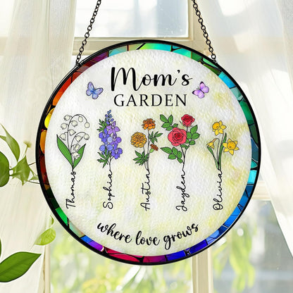 NAZENTI Personalized Mimi's Garden Stained Glass Suncatcher with Birth Month Flowers, Custom Grandma's Garden Window Hanging Ornament, Mothers Day Grandma Mom Gifts, Gifts for Nana Mimi