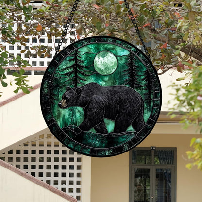 Stained Glass Window Hanging 4 Pcs Set Green Forest Night Sky Wildlife 7.8" - Suncatcher Door Garden Sun Catcher Decor Birthday for Mom Woman Nana Men Friend