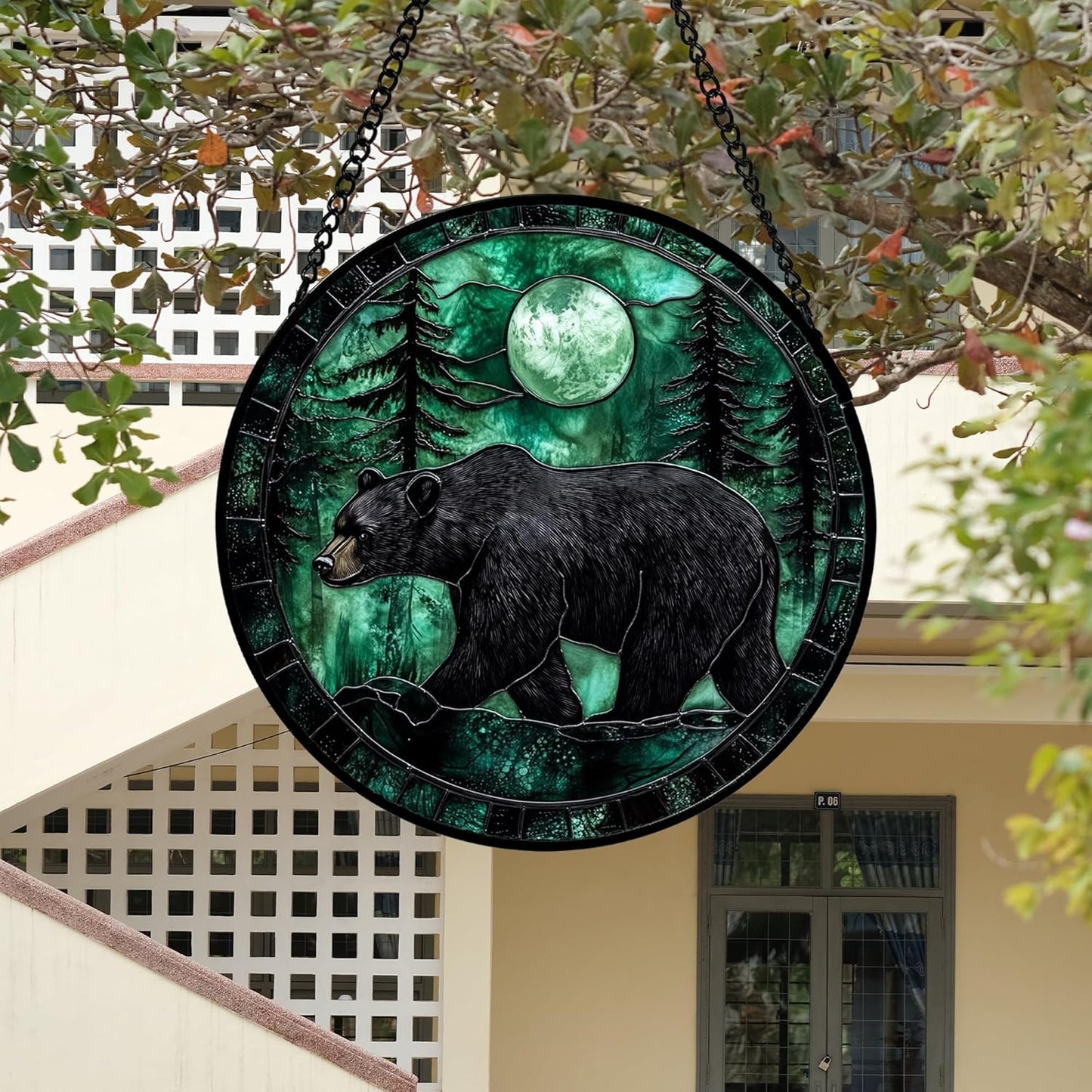 Stained Glass Window Hanging 4 Pcs Set Green Forest Night Sky Wildlife Large 15" - Suncatcher Door Garden Sun Catcher Decor Birthday for Mom Woman Nana Men Friend