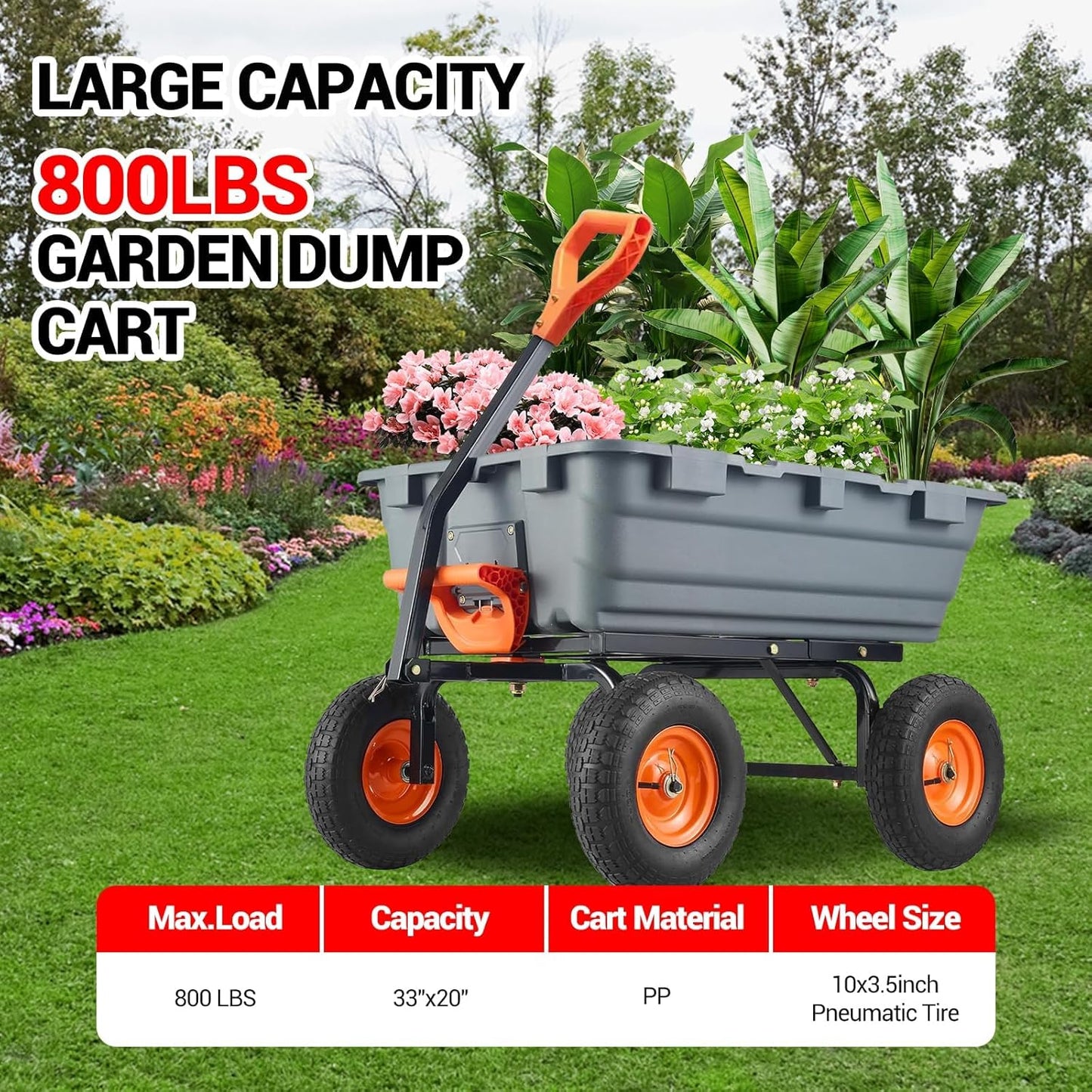 800Lb Heavy-Duty Poly Dump Garden Cart with Steel Frame, Utility Wagon with 10" Tires & Quick-Tilt System for Yard, Beach & Landscaping, Grey