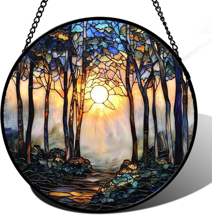 Stained Glass Window Hanging, Forest Sunrise Smoke Blue Brown Tree Suncatcher for Doors Window Home Landscape Sun Catchers Decor Mother's Day Birthday Gifts for Women, Men Mom 7.8 in