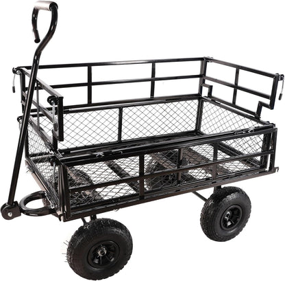 Heavy Duty Garden Wagon with Foldable Sides, Pneumatic Tires, Adjustable Handle (Black Double Layer)