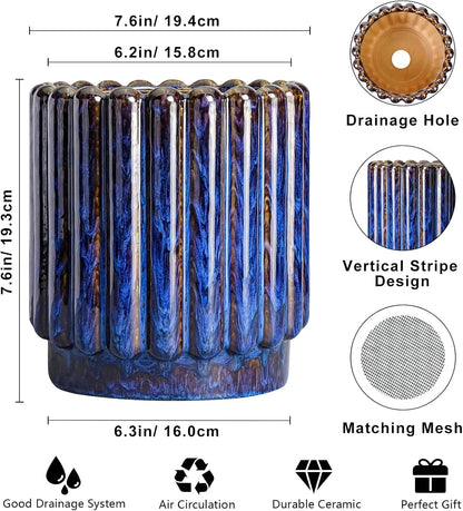 Ceramic Pots for Plants - 7.6 Inch Plant Pots Indoor with Drainage Hole, Fluted Round Ceramic Planter Outdoor, Modern Flower Planter, Home Office Living Room Decor, Garden Gifts, Blue