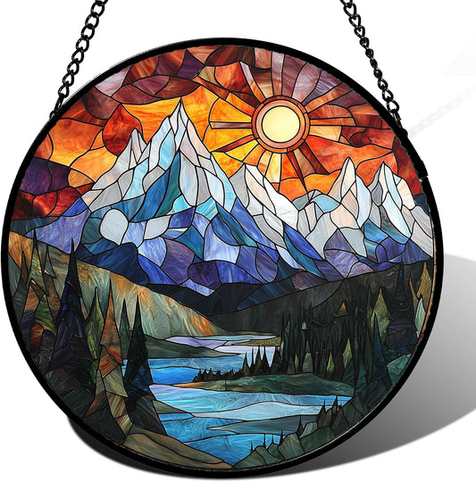 Stained Glass Window Hanging - Colorful Mountain Lake Landscape Sun Catcher for Door Garden Home