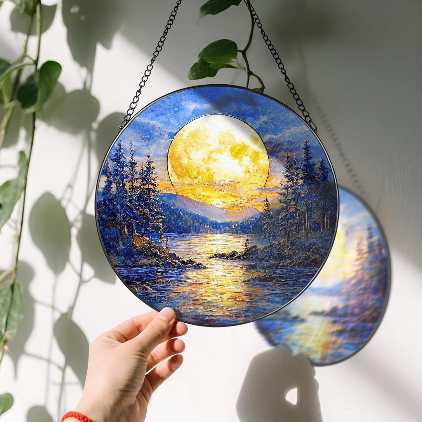 8'' Full Moon Over Forest Lake Suncatcher Ornament, Stained Glass Window Hanging, Sun Catchers for Windows Hanging Ornaments, Window Decor | Gifts for Christmas, Birthday, Father's Day