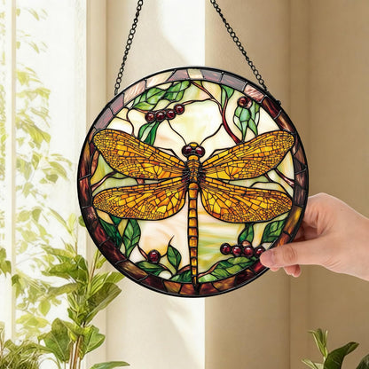 Dragonfly Plant Suncatcher -7.9 in Stained Glass Window Hanging Sun Catcher Garden Decor