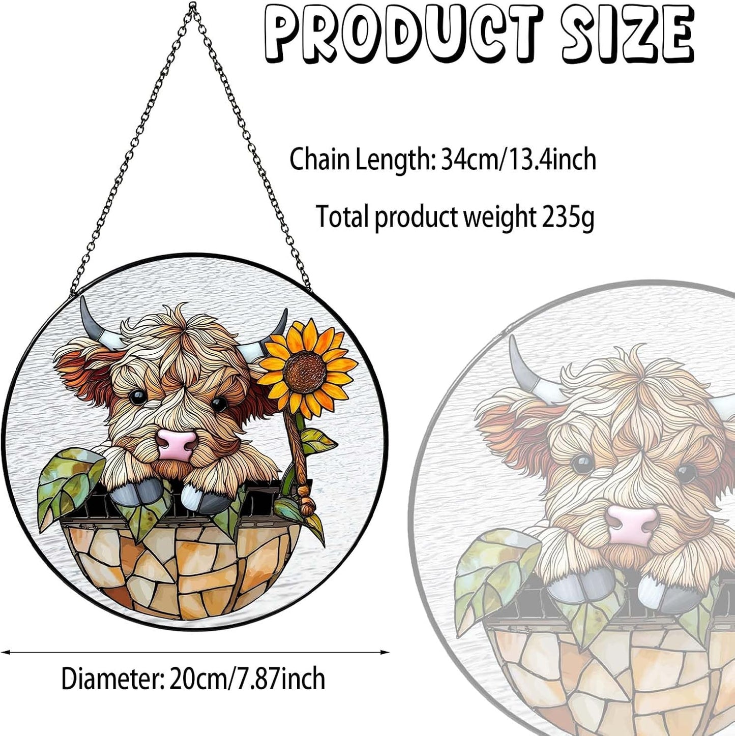 Sunflowers Highland Stained Glass Window Hanging Cowgirl Decor Highland Cow Gifts for Women Christmas Suncatchers for Home Windows Hanging Decoration, 7.87inch