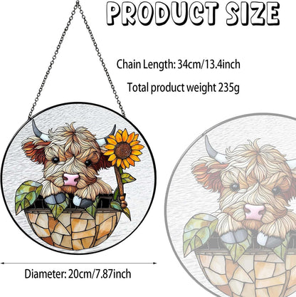 Sunflowers Highland Stained Glass Window Hanging Cowgirl Decor Highland Cow Gifts for Women Christmas Suncatchers for Home Windows Hanging Decoration, 7.87inch