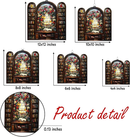 Flower Library Bookish Acrylic Suncatcher Stained Glass Effect Window Car Hanging Christmas Ornament Indoor Outdoor Decor Garden Bookworm Sun Catcher Book Lover for Women Mom Grandma