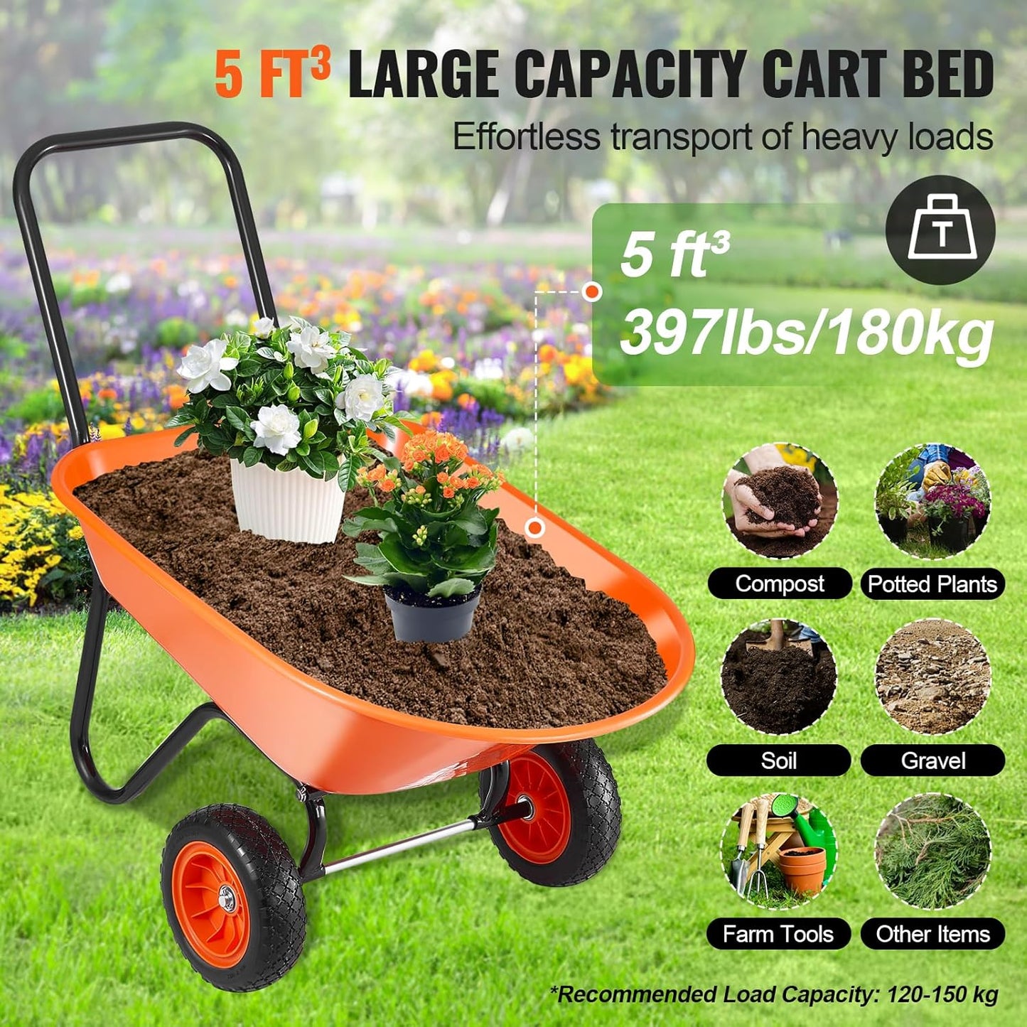 VEVOR Wheelbarrow Cart, 5 Cu. Ft. Load & 397 lbs Capacity, 2 Wheels Garden Dump Cart, Garden Wagon with Handle & 10" Wide Track Wheels, Easy Loading Utility Yard Cart & Wagons for Outdoor Lawn Yard