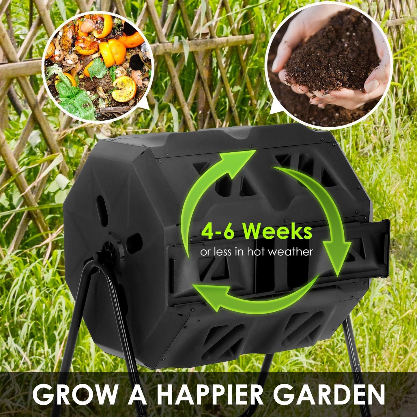 43 Gallon Compost Bin Outdoor Tumbling Composting Bins Compost Tumbler Bucket Trash Can w/Dual Chamber Sliding Doors for Garden Patio,Black Door