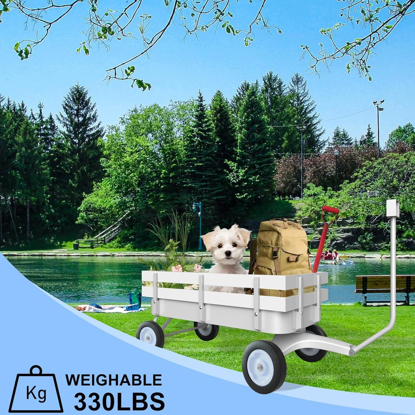 White All-Terrain Wagon, Wedding Flower Girls Wagon Cart with Handle, Utility Steel Cargo Wagons with Removable Wooden Side Panels (White, Small)