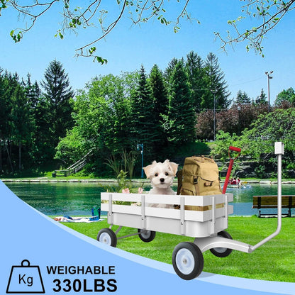 White All-Terrain Wagon, Wedding Flower Girls Wagon Cart with Handle, Utility Steel Cargo Wagons with Removable Wooden Side Panels (White, Small)