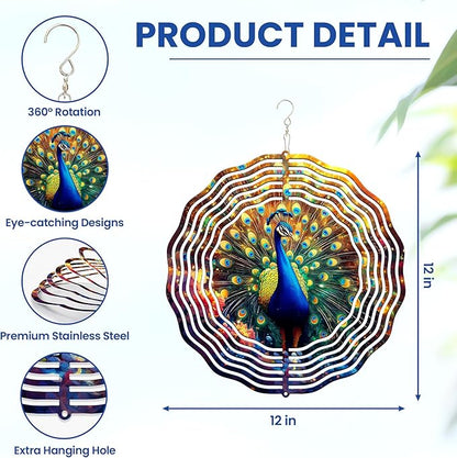 FLAGWIX Christmas Peacock Wind Spinners Outdoor - 3D Stainless Steel Metal Wind Spinners 12 in - Gardening Gifts for Women, Peacock Yard Outdoor Home Garden Decor for Outside