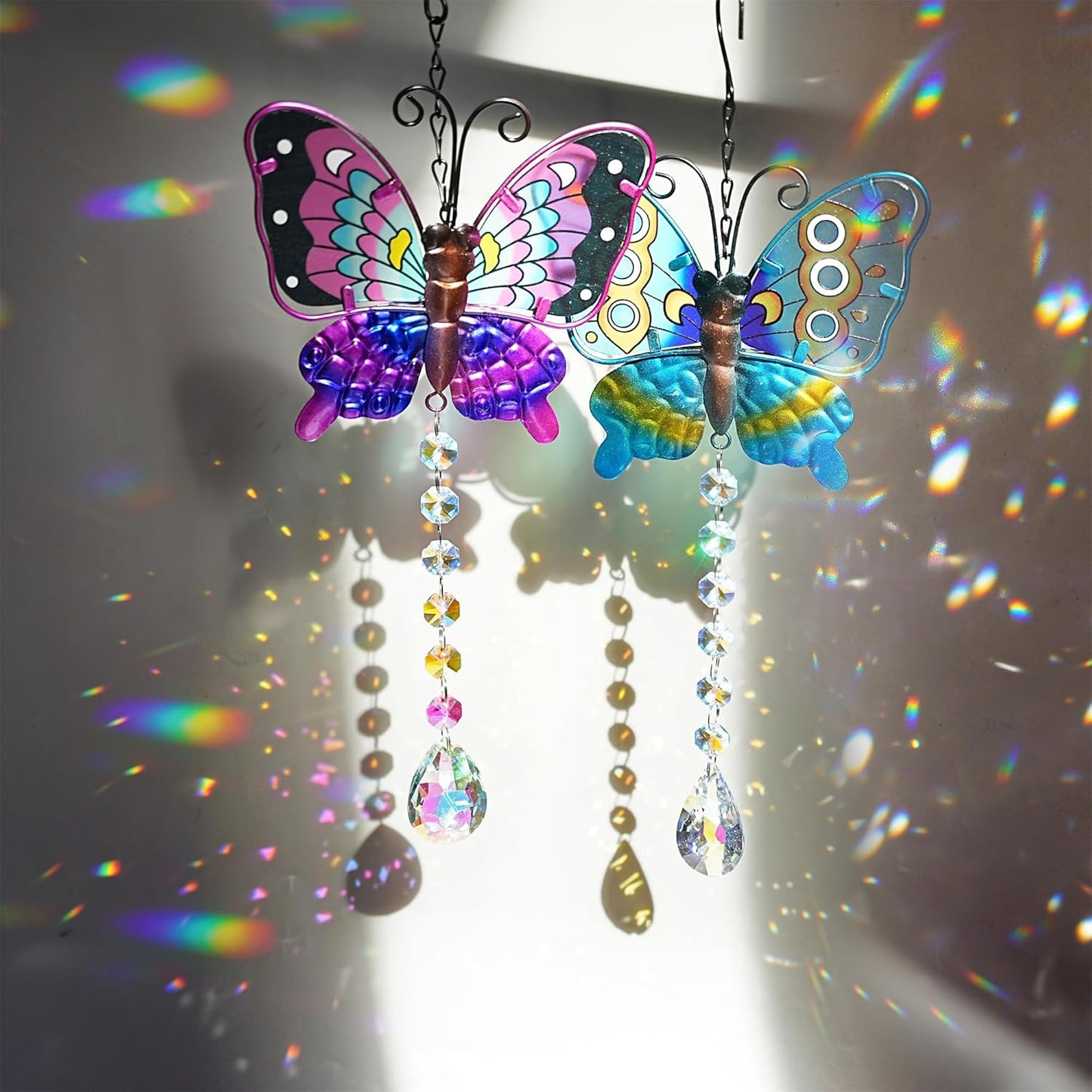 Set 2 Metal Butterfly Suncatchers for Windows - 14" Outdoor Fence Wall Art Decor, Rainbow Prisms Sun Catchers with Crystals Hanging for Home Garden Ornament