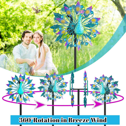 Metal Outdoor Wind Spinner, 2-Way Wind Sculpture Spinner with Metal Stake, Waterproof 360 Degrees Kinetic Windmill Art Decoration for Patio Garden Lawn (Peacock B)