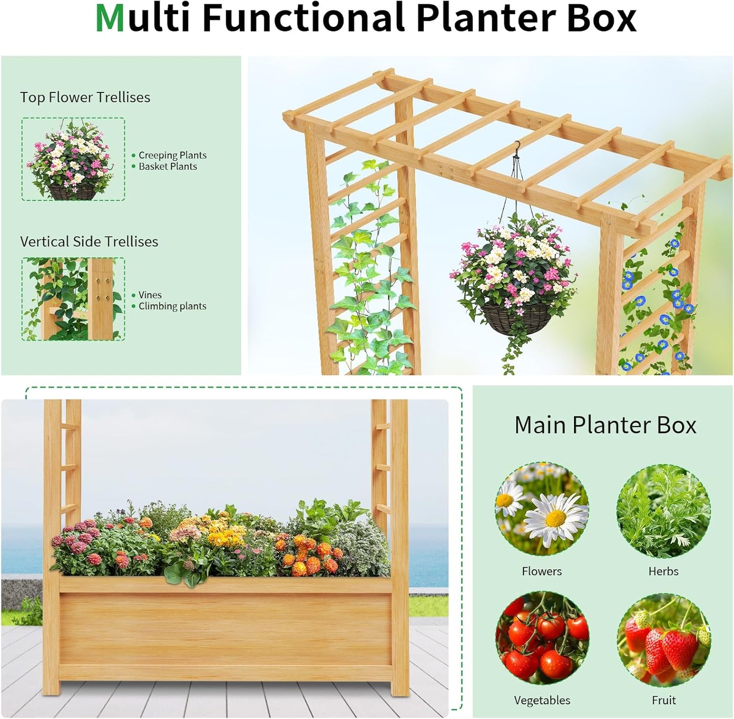 SUNYRISY Raised Garden Bed with Trellis, Wooden Vertical Planter Box with Trellis Outdoor for Climbing Plant Vine Flowers Vegetables, Planter Raised Bed with Hanging Roof and Drainage Holes