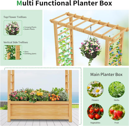SUNYRISY Raised Garden Bed with Trellis, Wooden Vertical Planter Box with Trellis Outdoor for Climbing Plant Vine Flowers Vegetables, Planter Raised Bed with Hanging Roof and Drainage Holes