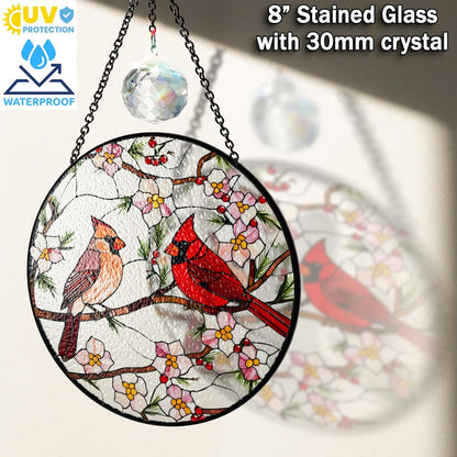 7.8" Cardinal Bird Stained Glass Suncatchers Art Glass Birds and Flowers for Sun Catcher Indoor Window Gifts for Women Mom Grandma Nature Floral Lovers Friend Handcrafted Hanging Décor