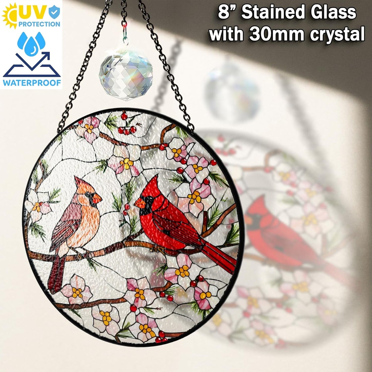 6" Cardinal Bird Stained Glass Suncatchers Art Glass Birds and Flowers for Sun Catcher Indoor Window Gifts for Women Mom Grandma Nature Floral Lovers Friend Painted Panel Décor BIRD-22B-SG6