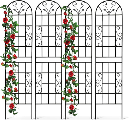 4 Pack Metal Garden Trellis 86.7" Tall Outdoor Climbing Plant Support for Roses, Flowers, Rustproof Durable Black Galvanized Tube, Lawn Garden Fence Decor Screen (4, Black curves-86.7" H)