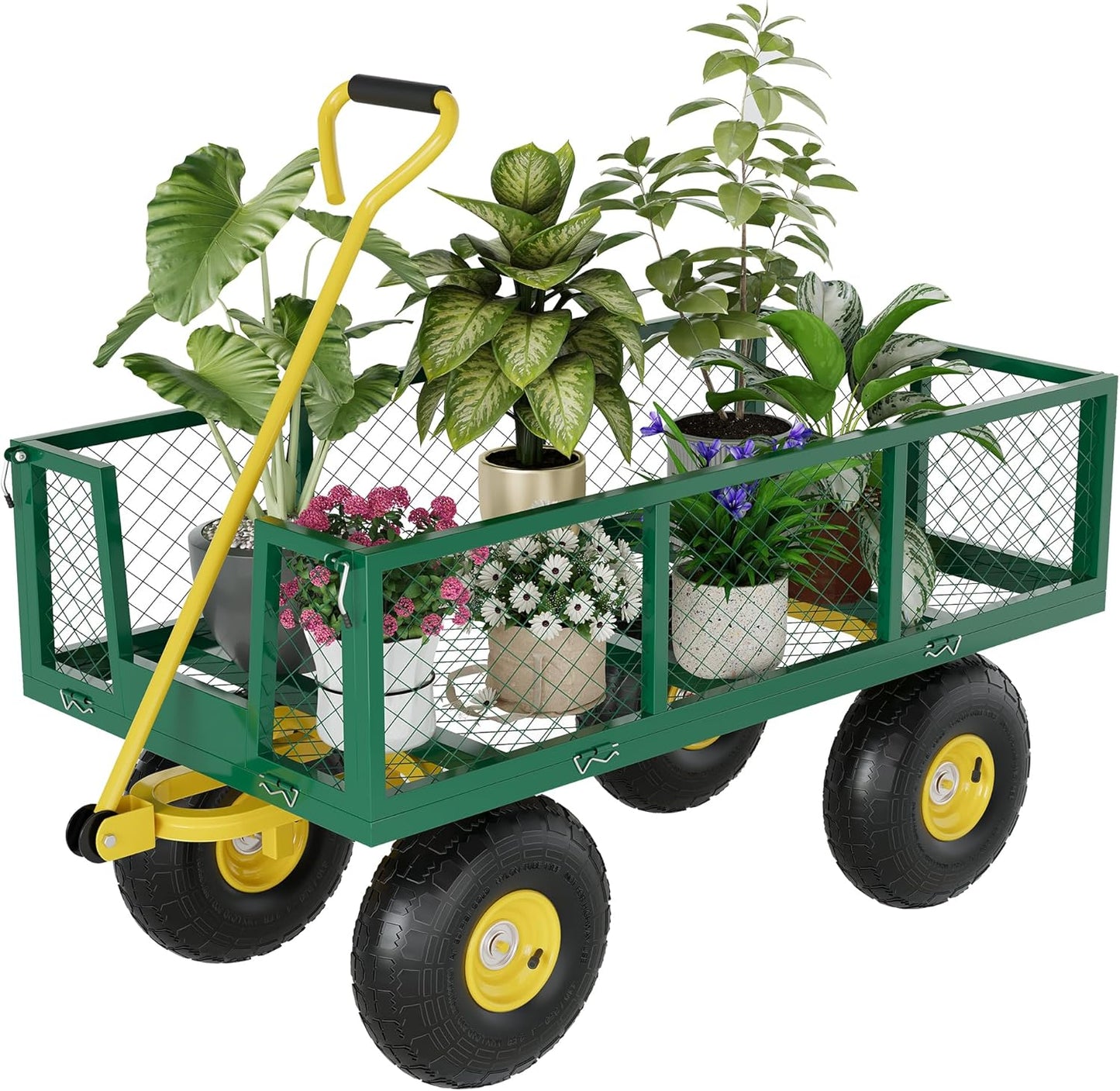 Metal Wagon - 900lbs Garden Cart with 10" Multi-Terrain Tires, 4 Removable Mesh Sides & 180° Swivel Handle, Yard Wagon Cart for Lawn, Yard, Patio Gardening