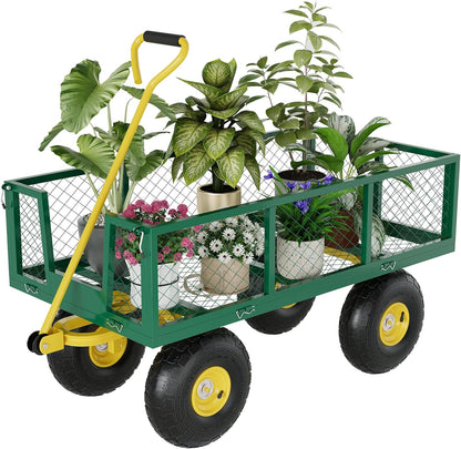 Metal Wagon - 900lbs Garden Cart with 10" Multi-Terrain Tires, 4 Removable Mesh Sides & 180° Swivel Handle, Yard Wagon Cart for Lawn, Yard, Patio Gardening