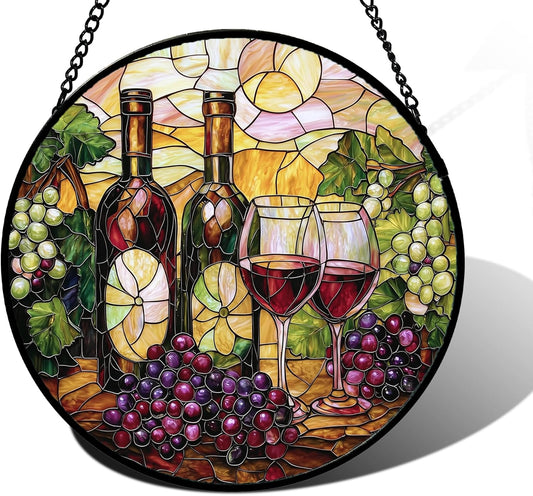 Stained Glass Window Hanging, Grapes and Wine Suncatcher Diamond Glass Panel Hangings Sun Catchers