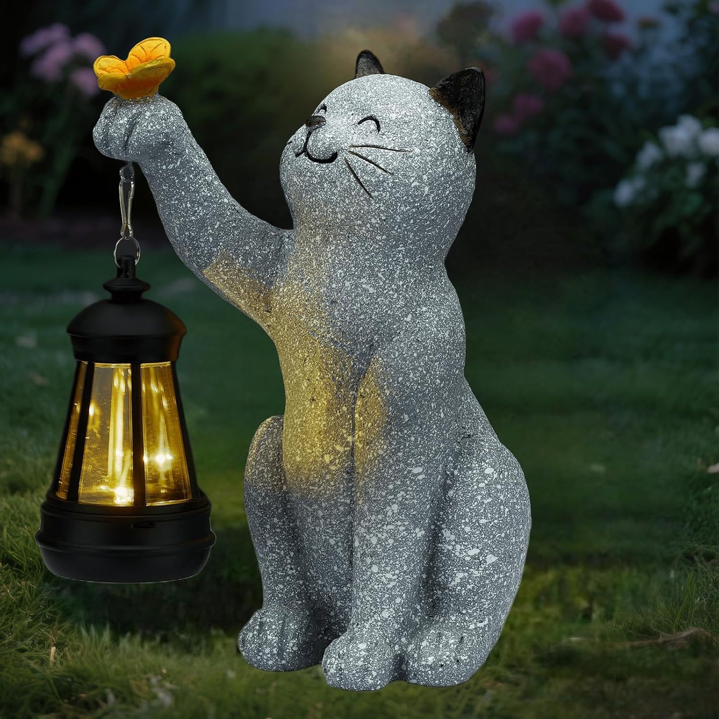 Solar Cat Garden Statue Outdoor Decor, Cat Sculpture with Lantern and Butterfly for Yard Lawn Patio Balcony, Christmas, Birthday Housewarming Gifts for Mom, Grandma, Women, 9.4 inch, Resin