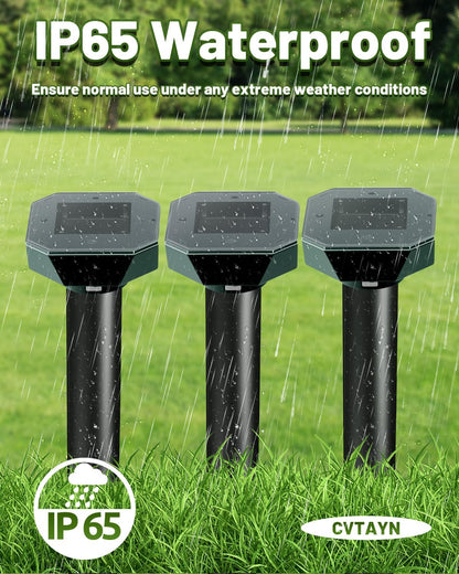 Snake & Mole & Skunk & Rabbit Repellent Solar Powered, Ultrasonic Deterrent, IP65 Waterproof, to Get Rid of Gopher, Groundhog, Rodent, Chipmunk, Raccoon, and Vole for Lawn & Garden, 4 Pack