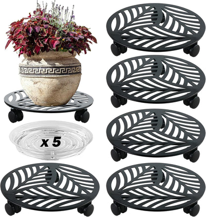 5 Packs Large Metal Plant Caddy with PU Wheels 12" Heavy-Duty Wrought Iron Rolling Plant Stands Indoor Outdoor Wheeled Plant Dolly Planter Mover Rollers Plant, Leaf Style