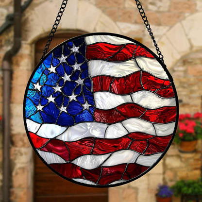 Stained Glass Window Hanging, Blue, White Red National Flag Pattern Sun Catchers Diamond Glass Panel Window Hangings Decor for Birthday Gifts for Women, Men, and Mom 11.8x11.8 in