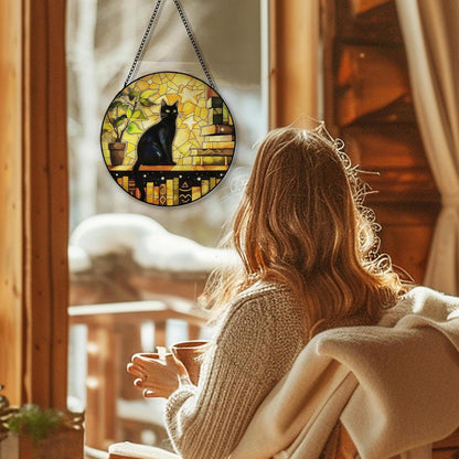 Black Cat Suncatcher Stained Glass Window Hanging, Cat Book Lovers Sun Catchers Indoor Window Glass Round Wall Decor, Book Lovers Gifts Wall Art Hanging Decorations, 7.8＂x7.8＂