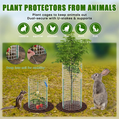 10-Set 12” x 16” Plant Protectors from Animals, Hot-Dip Galvanized Metal Mesh Plant Cages, Dual-Secure with U-Stakes & Supports, Animal Barrier to Keep Rabbits & Chickens Out of The Garden