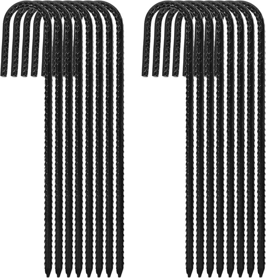 ERYTLLY 12In Rebar Stakes J Hook Heavy Duty Galvanized Metal Stakes for Ground Barrel Soil Tent Swing Set Anchors Fence Stakes Curved Steel Plant Support Garden Stakes with Hooks（12in 16pk）