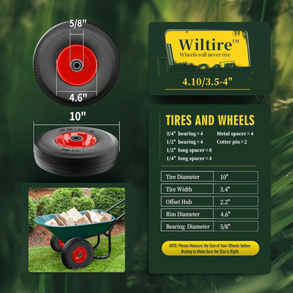 (2 Pack) 4.10/3.50-4 Flat Free Tire and Wheel 10-Inch Solid Wheel Replacement with 5/8 Extra 3/4 &1/2 Bearings,2.2" Offset Hub -Compatible with Hand Truck,Wheelbarrow(Wave,Red)