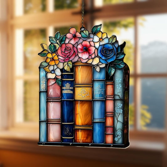 Floral Books Acrylic Suncatcher Stained Glass Effect Window Car Hanging Christmas Ornament Indoor