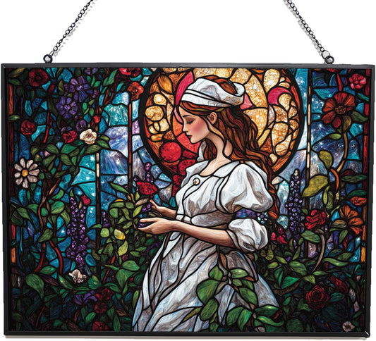 Customized Rectangle Art Nouveau Garden Nurse Stained Glass Window Hanging Suncatcher Stained Glass