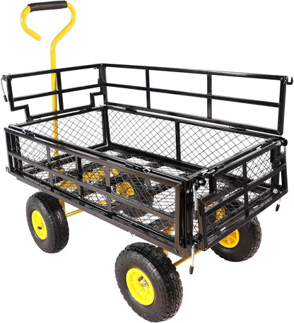 Heavy Duty Garden Wagon with Foldable Sides, Pneumatic Tires, Adjustable Handle (Yellow + Black Double Layer)